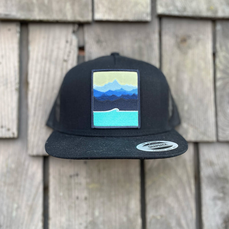 Load image into Gallery viewer, Jonas Draws Patch Hat - Mountains &amp; Wave-Black
