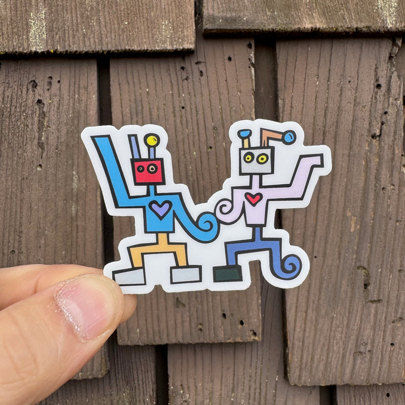 Load image into Gallery viewer, Love Robot Sticker - Up Against a Wood background
