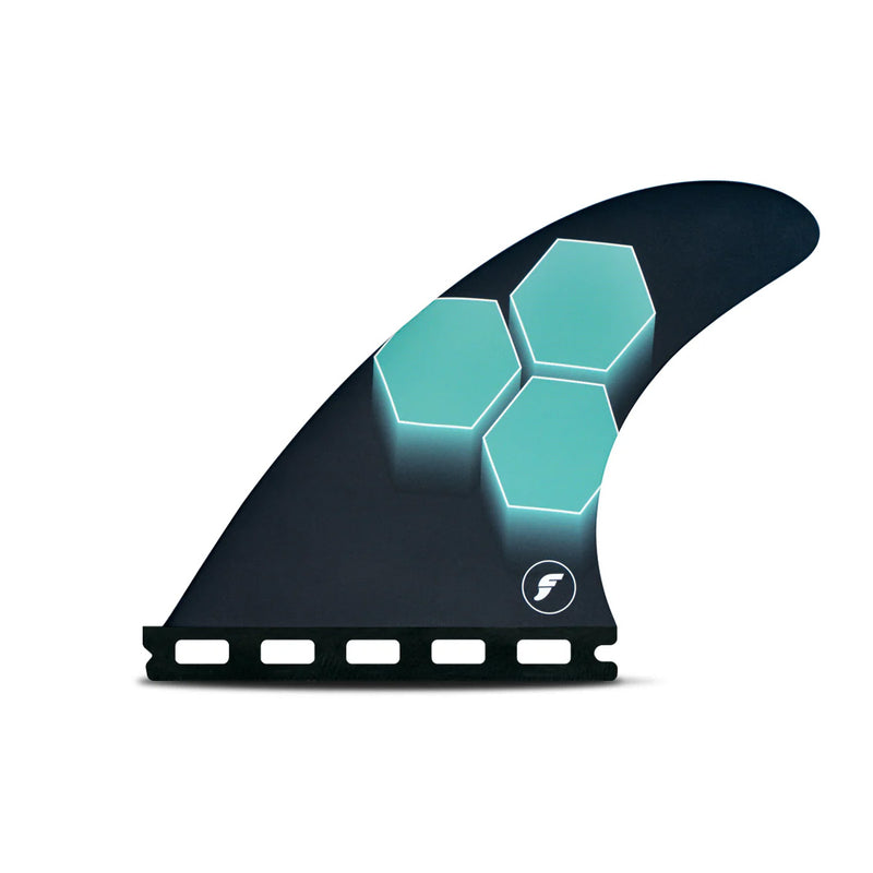 Load image into Gallery viewer, Futures AM1 HC Thruster Fin Set - Teal / Navy - Rear Fin
