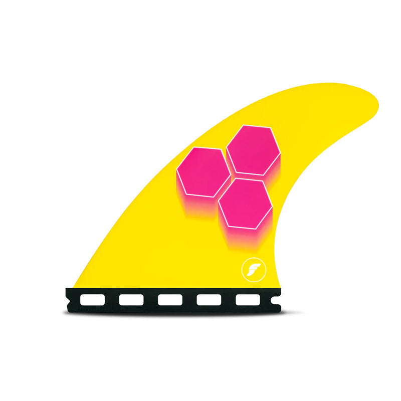 Load image into Gallery viewer, Futures AM3 HC Thruster Fin Set - Pink / Yellow - Rear Fin
