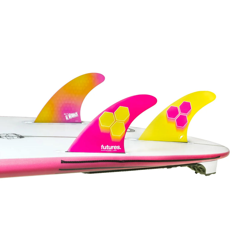 Load image into Gallery viewer, Futures AM3 HC Thruster Fin Set - Pink / Yellow - On Board
