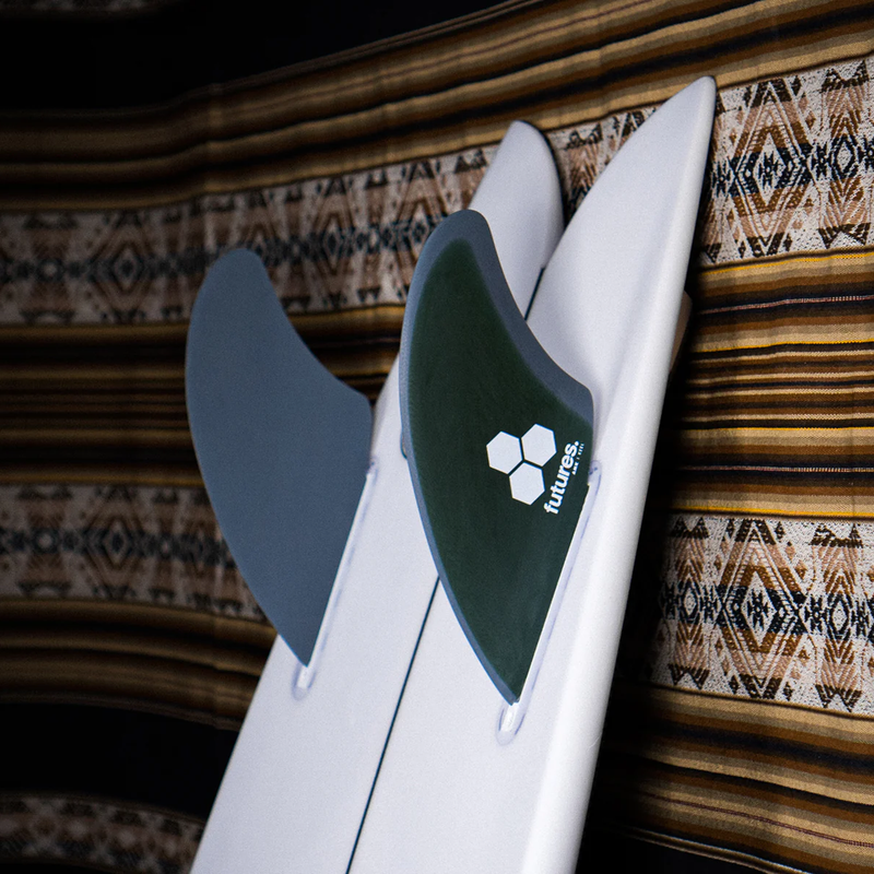 Load image into Gallery viewer, Futures Al Merrick Keel Twin Fin Set - Green / Grey - On Board
