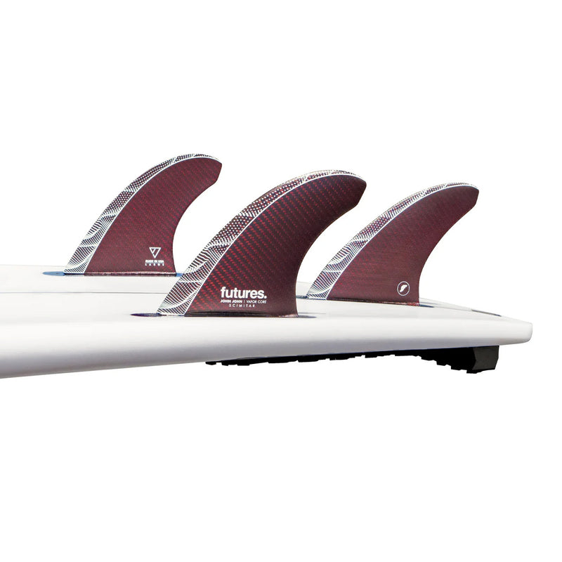 Load image into Gallery viewer, Futures JJF Scimitar Vapor Core Thruster Fin Set - Red - On Board
