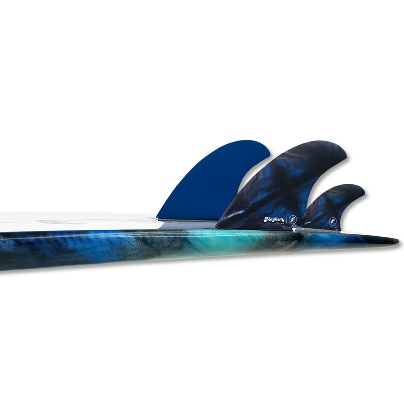 Load image into Gallery viewer, Futures Mayhem Evil Twin + 1 Large Fin Set - Blue / Black - On Board
