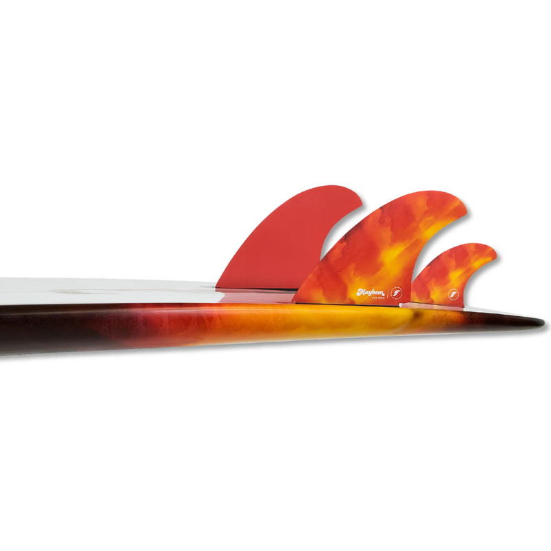 Load image into Gallery viewer, Futures Mayhem Evil Twin + 1 Medium Fin Set - Red / Orange - On Board
