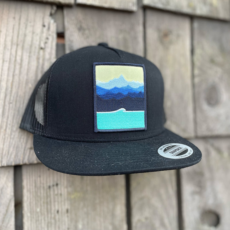 Load image into Gallery viewer, Jonas Draws Patch Hat - Mountains &amp; Wave-Black Side
